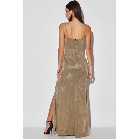 Lulus Searching For You Metallic Gold Glitter Mermaid Maxi Dress - Picture 2 of 10
